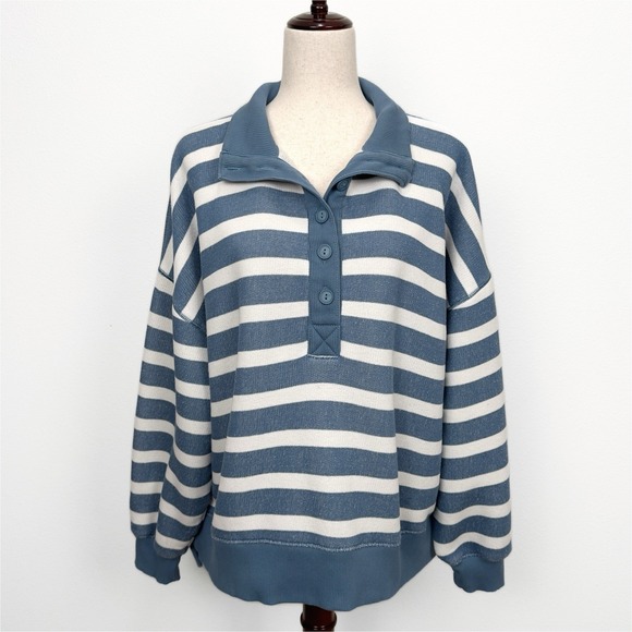 American Eagle Sweatshirt Womens M Blue Striped Big Hug HenleySeriously Lived In - Picture 1 of 11